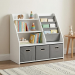 EFURDEN Laste raamaturiiul koos hoiuga - Montessori 4-korruseline puidust m&auml;nguasjade riiul 3 sahtliga ja 4 riidest kastiga | Organisaator lastetuppa ja m&auml;ngutuppa