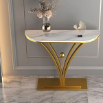 Glamour&ouml;ser Konsolentisch aus Schiefer/Metall, halbmondf&ouml;rmig, Antik-Finish, Konsolen-Sofatisch, kratzfester Eingangstisch - goldene Basis, beež Tischplatte, 119 cm L x 30 cm B x 80
