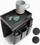 GLOCHYRA Armchair Caddy Remote Control Holder for Recliner Armrest Organizer PU Leather 5 Pockets Chair Caddy for Mobile Phone Magazines with Removable Arm Tray for Snacks, Comes with 2