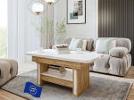 DA-555 Kohvilaud High Gloss White / Oak Gold pikendatav k&otilde;rgus reguleeritav sahtliga 120 x 200 cm kaasaegne elutoa laud &uuml;mardatud nurkadega diivanilaud ruumi s&auml;&auml;stev kvaliteetne elutuba