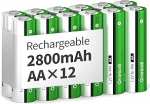 AA laetavad patareid, 2800 mAh patareid, k&otilde;rge mahutavus, 1500 ts&uuml;klit, 1,2 V NiMH laetavad patareid AA, 12 tk.