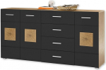 Stella Trading Sideboard in Black, Artisan Oak Look with End Grain Wood Appliques, Modern Chest of Drawers with Drawers and Lots of Storage Space, 180 x 92 x 38 cm (W x H x D)