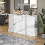 Oyemige Sideboard White Chest of Drawers with 4 Doors and 2 Drawers, 150 x 40 x 86 cm, Kitchen Cabinet, Sideboard, Antique White, Living Room, Kitchen, Buffet Cabinet, Sideboard, Kitchen Cabinet with