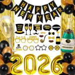 Aastavahetuse dekoratsioon 2026 komplekt, Happy New Year Garland, uusaasta dekoratsioon 2026 komplekt, mustad kuldsed konfettiballoonid, glitterkardinad, uusaasta &otilde;htu dekoratsioonikomplekt, uusaasta &otilde;htu peo dekoratsioon, uusaasta &otilde;htu dekoratsioon