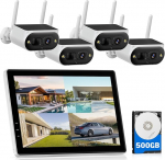 Camcamp Solar Surveillance Camera Set with 10 Inch IPS Monitor and 500 GB HDD, 4MP Wireless Solar Camera Outdoor Battery, Full Colour Night Vision, PIR Person Detection, 2-Way Audio, 10CH Expandable,