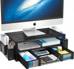 Simple Trending Metal Monitor Stand koos 2 tasandiga, Monitor Riser ja arvuti t&ouml;&ouml;laua korraldaja koos sahtli ja pliiatsihoidjaga s&uuml;learvuti, arvuti, iMac jaoks, must