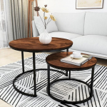 HOMERECOMMEND &Uuml;mmargune kohvilaud, 2 tk, kaasaegne k&uuml;ljelaud elutuppa, &uuml;mmargune puidust kohvilaud, tahke pulberv&auml;rvitud metallraamiga, rustikaalne pruun/musta