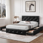 Yaheetech polsterdatud voodiraam 140 x 200 cm Voodiraam Kahekohaline voodi lamelliraamiga Kahekohaline voodi reguleeritava k&otilde;rgusega peatoega Kangast voodi Voodi all hoiuruum Voodi k&uuml;lalisvoodi magamistoas mustana