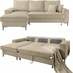 17223 Modernne Corduroy nurgadiivan B 240 x S 150 x K 92 cm magamisfunktsiooniga ja voodikastiga, Wave undersuspension, L diivan koos Chaise Longue'ga vasakule, lamamispind 125 x 198 cm, koordikate beeži halli v&auml;rvi