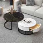 Moderner runder Couchtisch 2er Set mit Der Sto - Schiefer-Marmor-Textur, Metall e - Nesting Side & Sofatisch f&uuml;r Wohnzimmer & Schlafzimmer - Modernes Design, Ele Tea Table