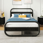 HOMERECOMMEND Metallist voodi 120 x 200 cm, metallist ja puidust voodiraam koos liistudega, voodiraam 120 x 200 cm koos peaplaadiga, ovaalne platvormvoodi koos voodi all oleva panipaigaga, must