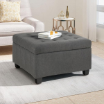 Ball & Cast Large Square Ottoman Upholstered Coffee Table with Button, Linen Footrest with Wooden Legs for Living Room, Dark Grey