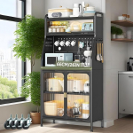 haiorjun K&ouml;&ouml;gikapp rataste ja t&ouml;&ouml;tasapinnaga, buffeekapp, metallist k&otilde;rge kapp reguleeritavate riiulitega k&ouml;&ouml;ki, elutuppa (must, 66 x 36 x 160 cm)