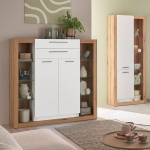 Elutoa komplekt koos vitriinkapiga, elutoa kapp ja k&otilde;rglaud, kapp tamme ja valge v&auml;rviga, kaasaegne, 2 tk.