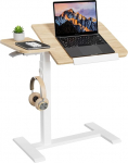 ETHU Laptop Table, Height-Adjustable, Multifunctional Side Table with Tilting Worktop and Recessed Wheels, Mobile Bed Table, Ergonomic Standing Desk for Office and Home (Oak)