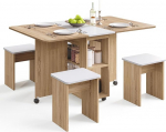 Mondeer s&ouml;&ouml;gigrupid, kokkupandav s&ouml;&ouml;gilaud 4 tooliga, s&ouml;&ouml;gilaudade komplekt ratastega ja 2 avatud riiuliga, v&auml;ikestesse ruumidesse, s&ouml;&ouml;gituppa, k&ouml;&ouml;ki, 120 x 80 x 80 cm, tamm ja valge