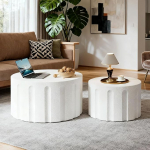 Runder Couchtisch Set mit 2 geriffelten Couchtischen und Beistelltischen, Set Mitte des Jahrhunderts, moderne Holz-Nisttische, runde Beistelltische f&uuml;r Wohnzimmer, Schlafzimmer, B&uuml;ro, keine Montage