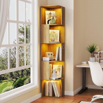 Gurexl raamaturiiul 3 v&auml;rvi LED-valgustusega, nurgariiul, mis seisab intelligentsete sensoritega, kaasaegne avatud riiuliga raamaturiiul 5 tasandiga elutuppa, magamistuppa, kontorisse, 35 x 35 x 165 cm, tammepuust