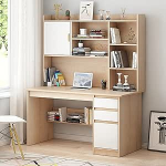 Moderner B&uuml;roschreibtisch mit Ablagen und B&uuml;cherregal, stilvoller Computer-Arbeitsplatz aus Holz mit Schubladen und Regalen, Gelb, 120 x 45 x 164 cm - perfekt f&uuml;r Home Office