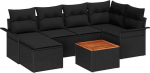 7-teiliges Garten-Sofa-Set mit Kissen Schwarz Poly Rattan Akazie, 2-Sitzer Garten-Sofa mit Stauraum & Kissen Schwarz Poly Rattan Gartenlounge Model3356021