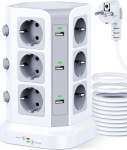 KOOSLA 12-Way Socket Tower with Surge Protection (4000 W/16 A), Individually Switchable Power Strip with 6 USB for Office, Kitchen, Table, 5 m, White