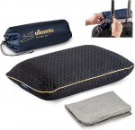 alkamto Travel Pillow - Camping Pillow - Ergonomic Memory Foam Pillow with Temperature Regulating Cover - Extra Cotton Cover - Includes Travel Bag (40 x 25 x 10 cm - Black)
