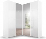 Rauch M&ouml;bel Quadra nurgakapp, l&uuml;kanduksega kapp, k&otilde;rgl&auml;ikega valge/valge, 4 ust, peegliga, sisaldab 2 riidekorvi ja 12 riiulit, 181 x 229 x 187 cm (B x K x S)