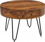 Wohnling Sheesham Coffee Table Solid Wood/Metal 60 x 44.5 x 60 cm Living Room Table Design Side Table with Drawers Small Living Room Table Round Brown