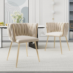 Merax Dining Room Chairs, Set of 2, Modern Armchairs with Armrests and Curved Backrest, Handwoven Design, Velvet Gold Legs, Kitchen Chair, Cosmetic Chair, for Living Room, Bedroom, Office, Beige