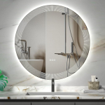 furduzz &uuml;mmargune LED-vannitoa peegel 700mm uduvastane ringikujuline valgustatud seinale paigaldatud uduvastase funktsiooniga 3 v&auml;rvi m&auml;lu timmitav valge triibumustriga