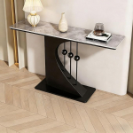 Moderne geschwungene Konsole mit Marmorplatte & dekorativen Kugelakzenten, schmaler Eingangstisch f&uuml;r Flur, Wohnzimmer, Foyer(Black+Gray,59.1"/150cm)