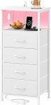 Somdot sahtlitega kapp, Comode kapp laadimisfunktsiooniga, LED, pistikupesa (1USB, 1Type-C), sahtlikapp magamistuppa, elutuppa, esikusse, 30D x 40W x 86.5H (4 riidest sahtlit), valge nahk