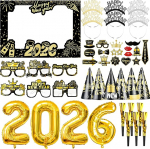 Embravfire 2025 aastavahetuse peo rekvisiitide komplekt koos fotokabiini raami fototarvikutega uue aasta peo m&uuml;tsid Happy New Year Headband 2025 prillid 2025 &otilde;hupallid Must kuldne