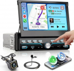 VECHTEL Autoradio 1 Din Carplay Android Auto Wireless mit 7 Zoll Manuell ausziehbarer Bildschirm mit Klaviertasten,Radio FM mit Bluetooth GPS/NAV,2USB/Type-C mit R&uuml;ckfahrkamera,Lenkradsteuerung