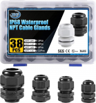XHF IP68 Nylon-Kabelverschraubungen, wasserdicht, NPT-Kabelverschraubungen, Sortiment, 38 St&uuml;ck, 1/4 Zoll, 3/8 Zoll, 1/2 Zoll, 3/4 Zoll, UL-gelistet und RoHS-konform, Kabelzugentlastung, Schwarz