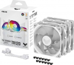ASUS TUF Gaming TR120 ARGB Standard Blade White 3-in-1 korpuseventilaatorite pakett (120 mm PWM PC ventilaator, 2000 RPM, 3,3 mm H2O, 77,4 CFM &otilde;huvool, 16 individuaalselt adresseeritavat RGB valgusdioodi, valge)
