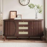 Merax Rattan Sideboard kapp 3 rotangist sahtlit ja 2 l&uuml;kanduksed, puidust k&ouml;&ouml;gikapp buffet reguleeritavate riiulitega, kumer disain, p&auml;hkelpuu/140,5 x 40 x 76 cm