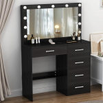 Buildonely garderoobilaud suure peegli ja LED-valgustusega, reguleeritav heledus ja 3 v&auml;rvitemperatuuri, garderoobilaud 5 sahtliga, kaasaegne, must, 36 x 80 x 131 cm.