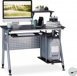 Relaxdays Computer Desk Glass, Keyboard Drawer & Compartment for Calculator, H x W x D: 98 x 105 x 55 cm, Modern, Study Room, Black