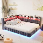 ANIROY L-kujuline diivanvoodi 140 x 200 cm, sametkangast polsterdatud voodi, p&auml;evavoodi, diivanvoodi LED & USB-ga, h&uuml;drauliline hoiuvoodi, kaheinimesevoodi raami ja seljatoega, ilma madratsita, hall