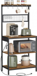 VASAGLE Baker's Rack with Charging Station, 80cm Coffee Bar Stand with Adjustable Storage Rack, Grid Plate, 12 Hooks, Table for Microwave, Kitchen, Rustic Brown and Ink Black UKKS016K01