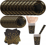 Disposable Party Tableware Set 80 Pieces Black Polka Dot Party Tableware Set Including Paper Plates, Dessert Plates, Cups, Napkins, Dinner, Cutlery, Forks, Spoons, Straws for Birthday