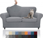 YEMYHOM Plaid 3 Piece Couch Covers for 2 Cushions, High Stretch Thickened Love Seat Sofa Cover for Dogs Pets Elastic Slipcover for Two Seater Light Grey, 55"-69" (2 Pillows)