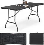 Sekey Buffet Table Foldable Plastic | 180 x 74 x 74 cm Rattan Look Garden Table with Carry Handle | Folding Table Party Table for Garden Patio and Balcony | Camping Table for 6 People (Black)