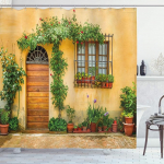 ABAKUHAUS Itaalia du&scaron;ikardinad, Toscana City Life kangas kangast vannitoa dekoratsioonikomplekt konksudega, 175 x 220 cm, aprikoosiroheline pruun