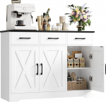HOCSOK Sideboard, Kitchen Cabinet with 3 Drawers and 3 Doors for Kitchen, Buffet Cabinet with Worktop for Dining Room, Living Room, Wood, White & Black
