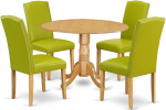 East West Furniture DLEN5-OAK-51 Dublin 5-teiliges modernes Esszimmer-Set, bestehend aus einem runden Holztisch mit Dropleaf und 4 gepolsterten St&uuml;hlen aus Kunstleder, 106 x 107 cm, Eiche