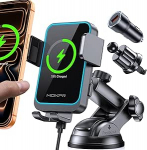 MOKPR mobiiltelefoni hoidja auto laadimisfunktsiooniga, 15 W induktiivne laadimisjaam, auto ventilatsiooniava armatuurlaua tuuleklaas iPhone 16/15/14/13/12 seeria ja Samsung S24/23/22 LG jaoks koos LED-valgusega (Hall-QC3.0)