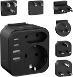 JSVER reisiadapteri &uuml;lemaailmne komplekt, rahvusvaheline reisipistik 2 sektsiooniga 4 USB (2 USB C) 6 eemaldatavat adapterit koos l&uuml;litiga, A/B/C/M/M/I/G t&uuml;&uuml;pi pistik JAP/UK/USA/EL/AUS/L&otilde;una-Aafrika jaoks (must)