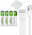 USB AAA liitium-ioon aku, suure v&otilde;imsusega 1,5 V 550 mWh AAA aku, 1 H kiirlaadimine, 1200 ts&uuml;klit, C-t&uuml;&uuml;pi pordikaabliga, pidev v&auml;ljund, 4 tk.